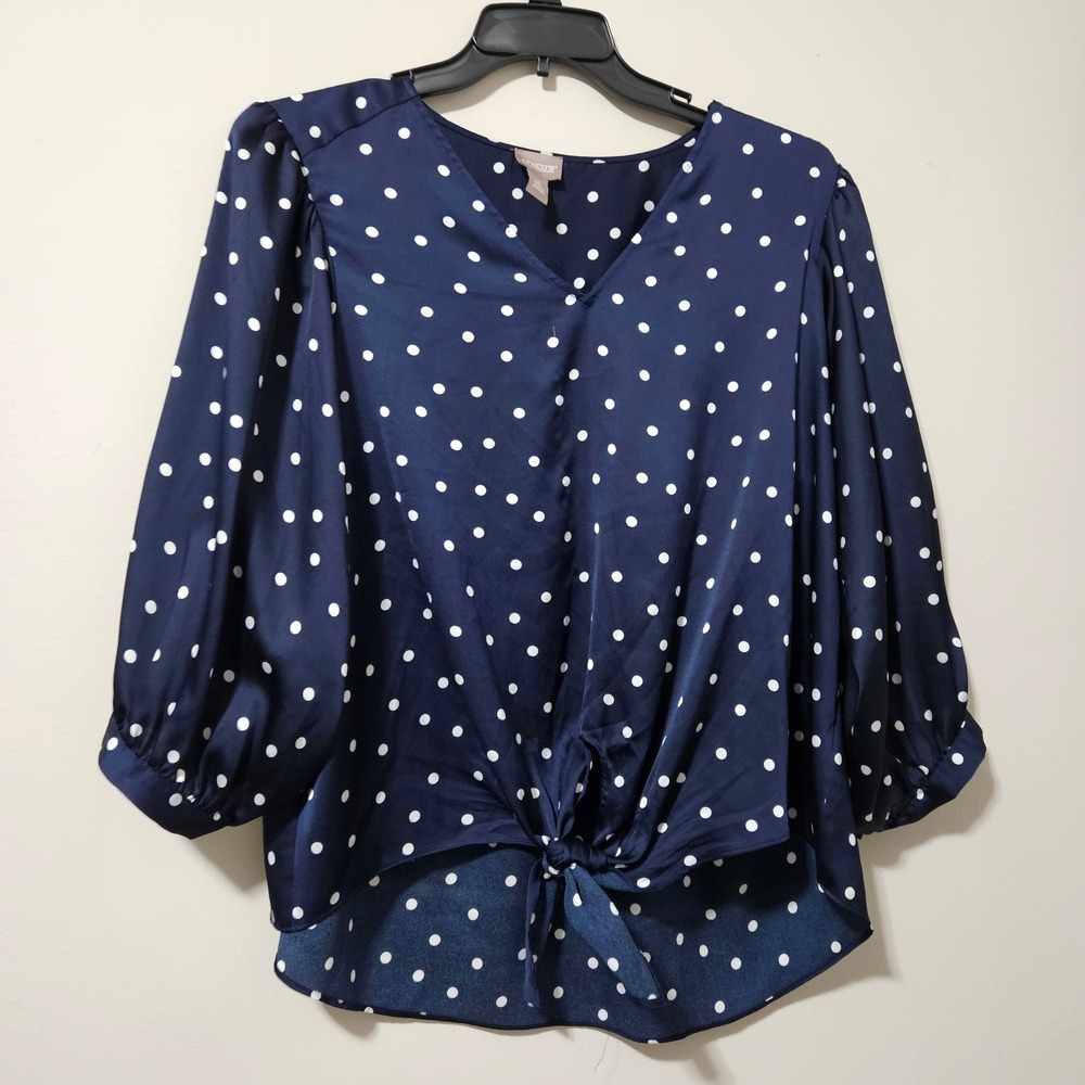 Chico's Navy Blue Polka Dot V-Neck Front Tie Blouse Top Size 2 Large 3/4 Sleeve‎
